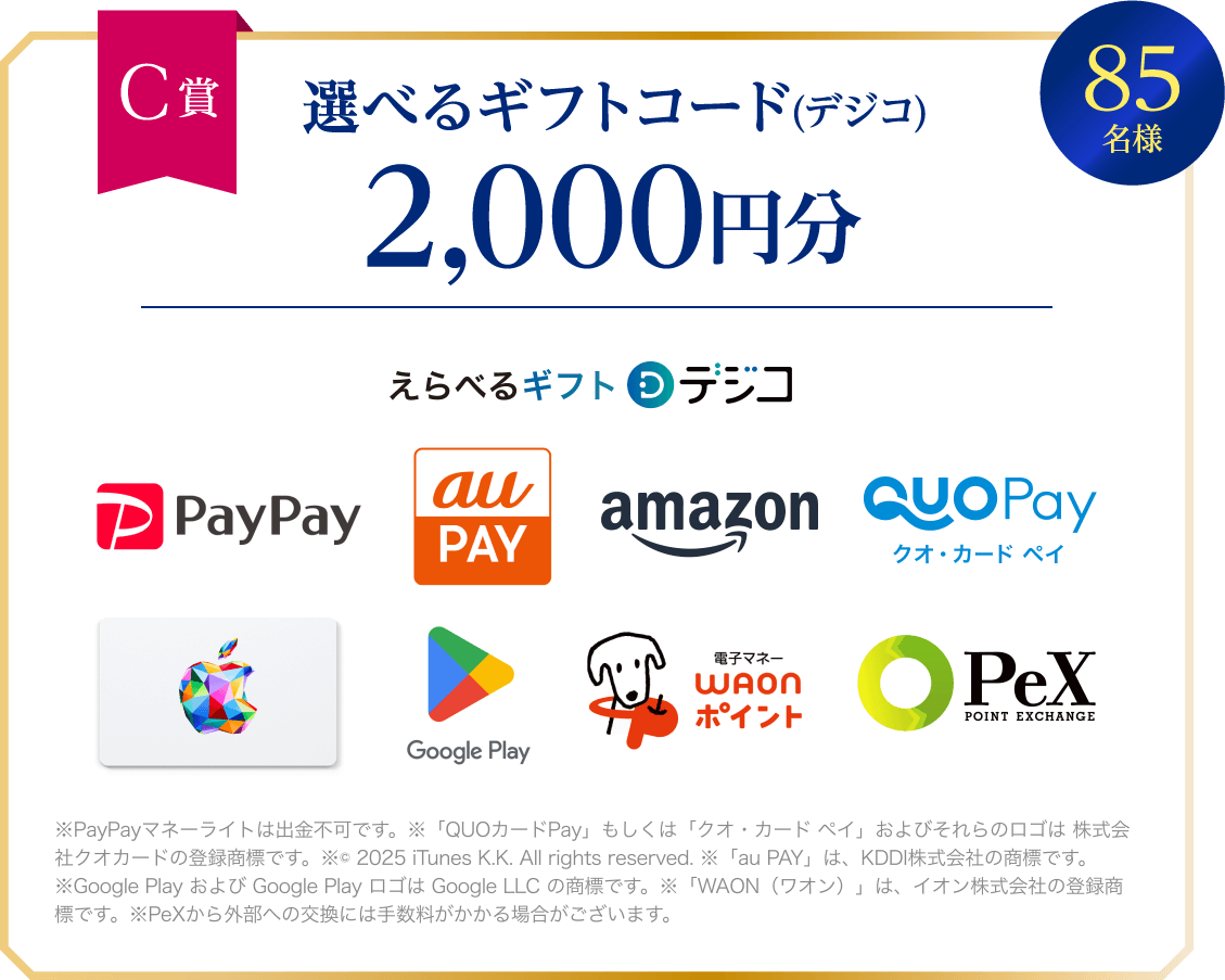 C賞 選べるギフトコード(デジコ) 2,000円分 85名様